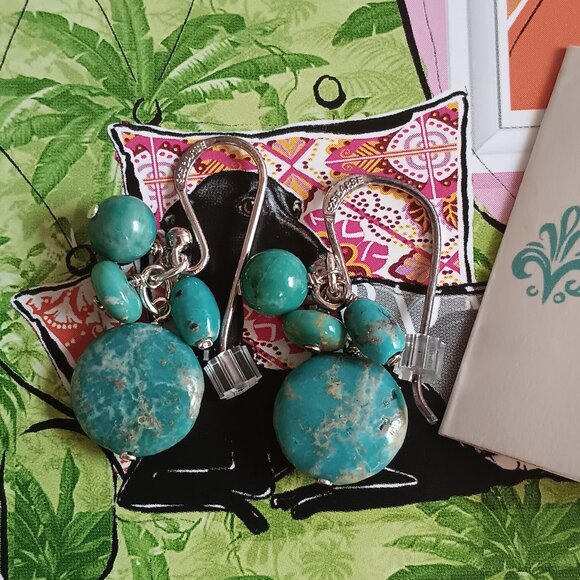 Vintage Barse Sterling Silver Turquoise Cluster Drop Earrings, EUC - Picture 2 of 4